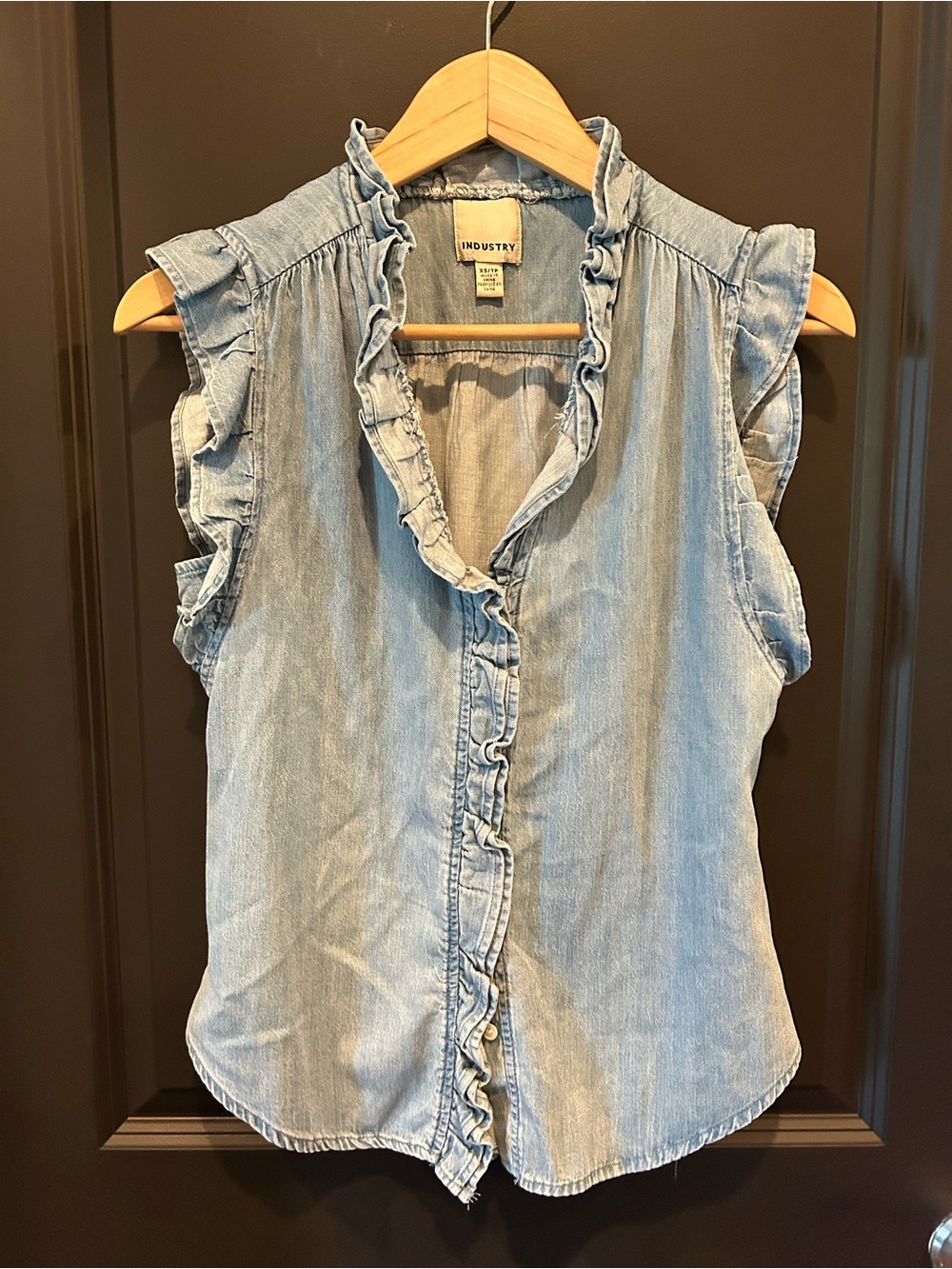 INDUSTRY Light Wash Ruffle-Sleeve Chambray Blouse